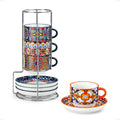 4 Oz Bohemian Espresso Cup Set of 4, Ceramic with Saucers