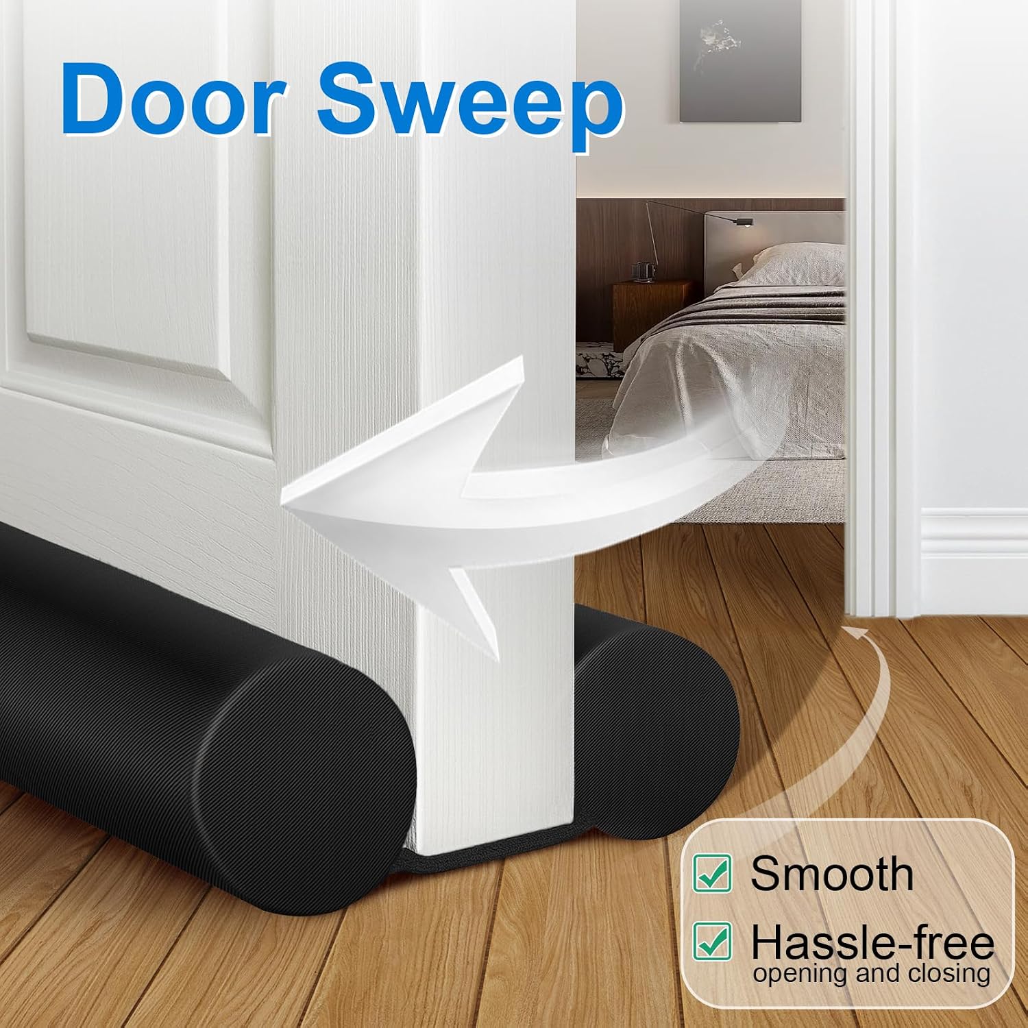 Large Door Draft Stopper for Bottom of Doors 36” Under Door Sweep Noise Blocker Black Gap Stoppers Adjustable Doors