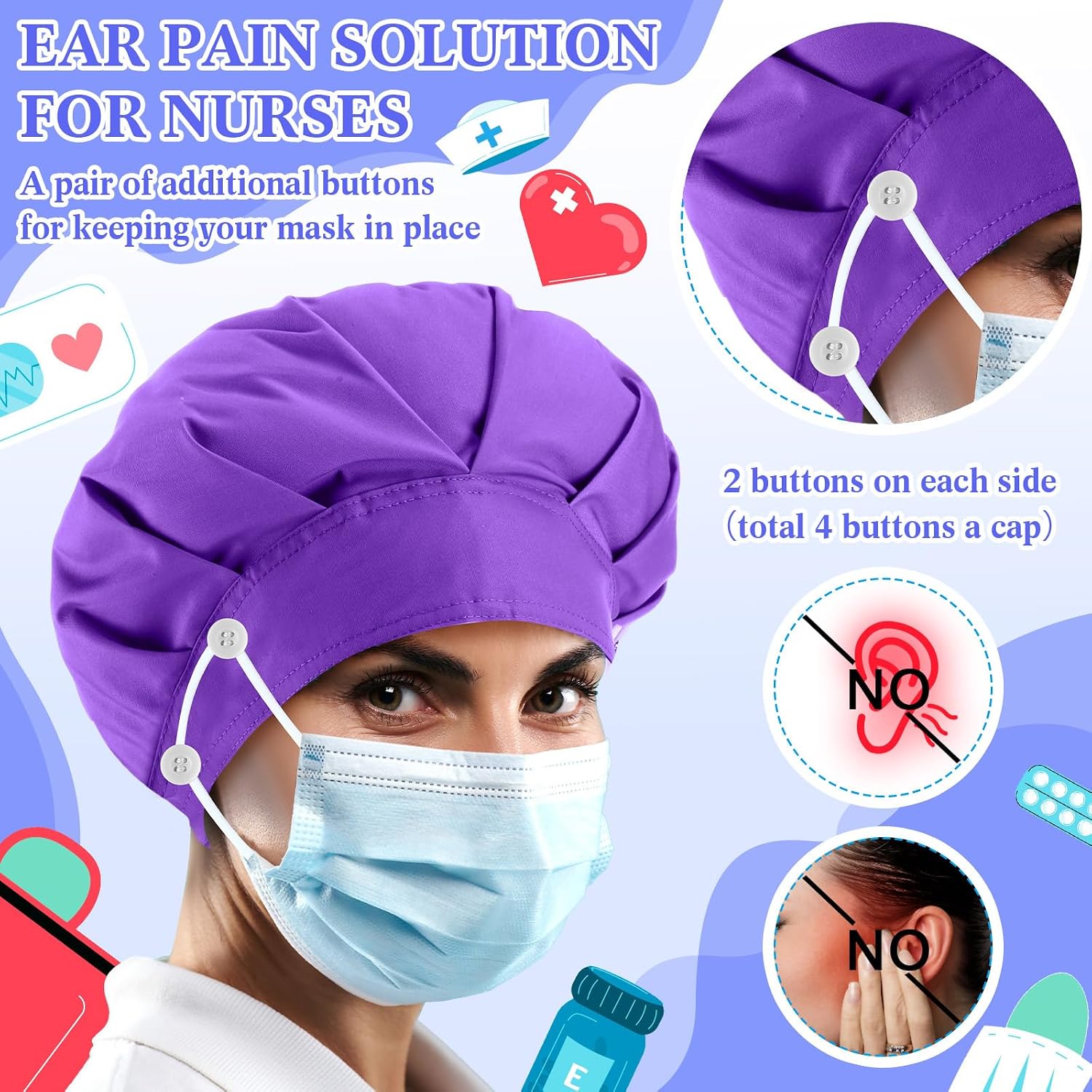 12 Pcs Bouffant Nurse Caps with Button Sweatband Adjustable Scrub Cap Elastic Surgical Tie Back Hat for Women Men