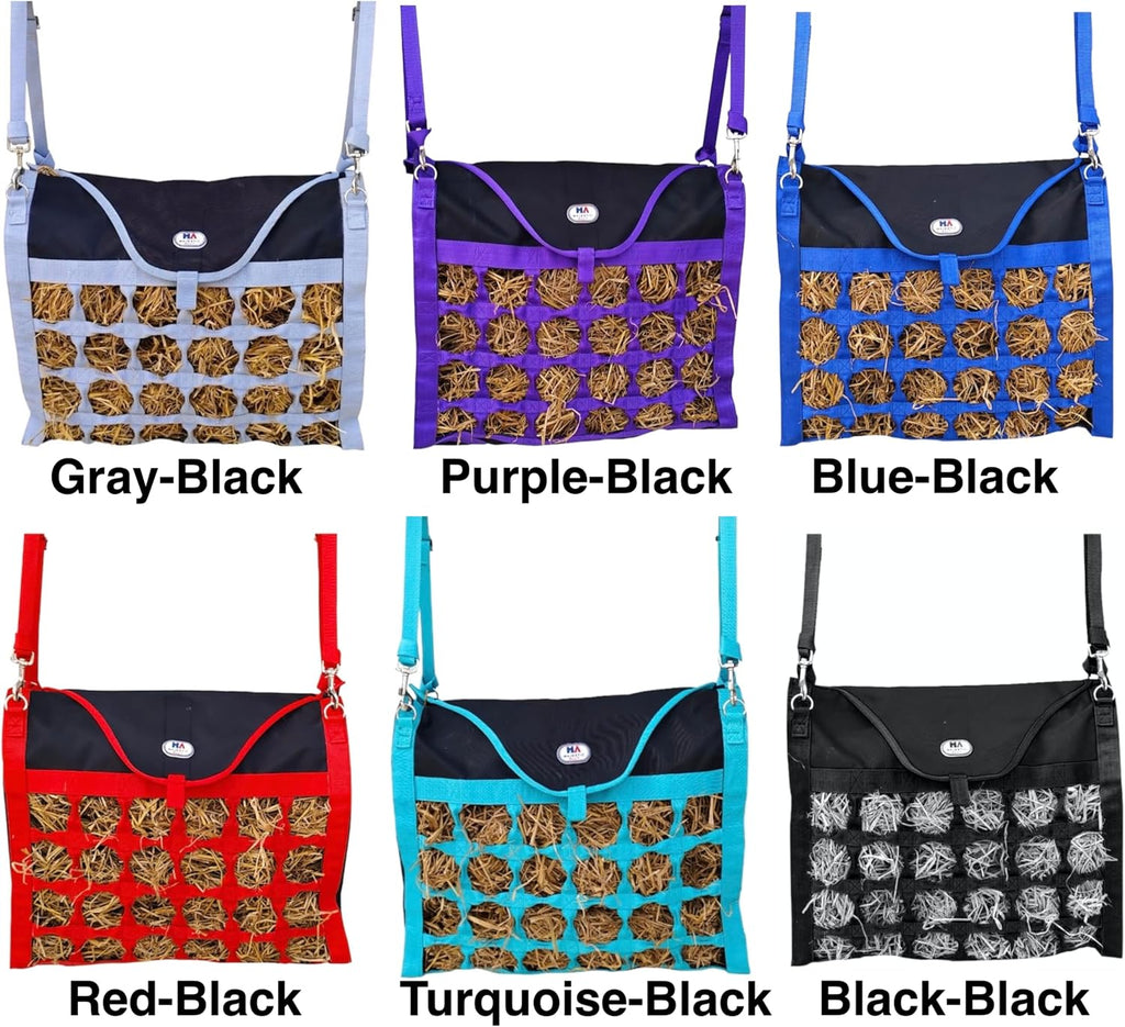 Animal Health Hay Bag for Horses, 2.5" Holes, Top Load, Travel Feeder, Reduces Waste, 1 Year Warranty, Multiple