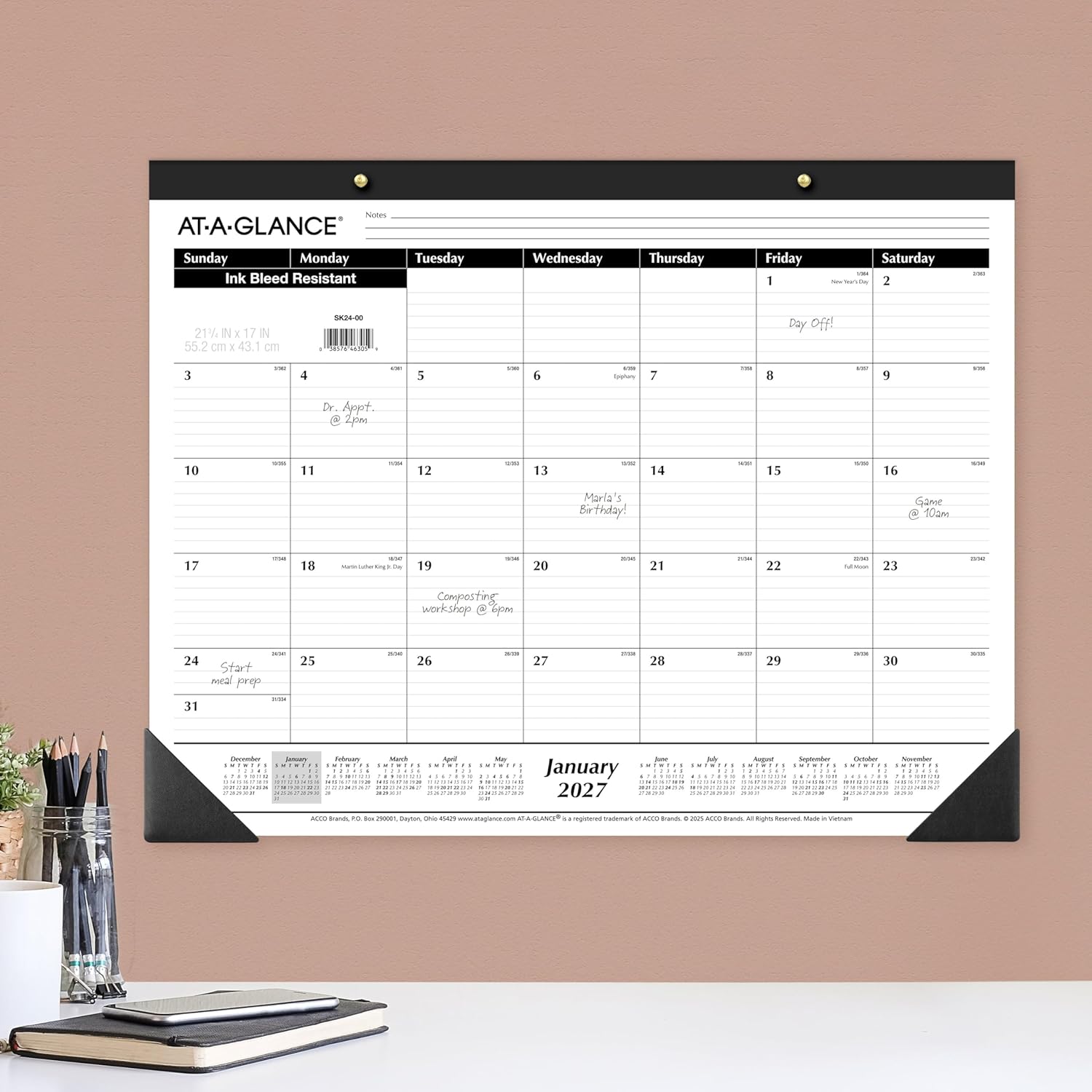2027 Desk Pad Calendar, Monthly Desk Wall Planner, 21.75" x 17", Ruled Blocks (SK240027)