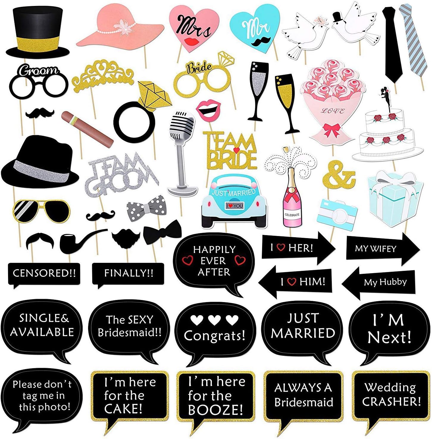 52pcs Wedding Photo Booth Props for Bridal Shower & Engagement Party