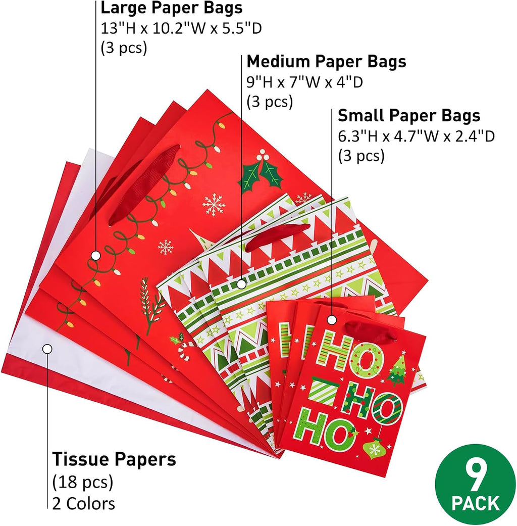 9 Pack Assorted Sizes Red Christmas Gift Bags with Tissue Paper