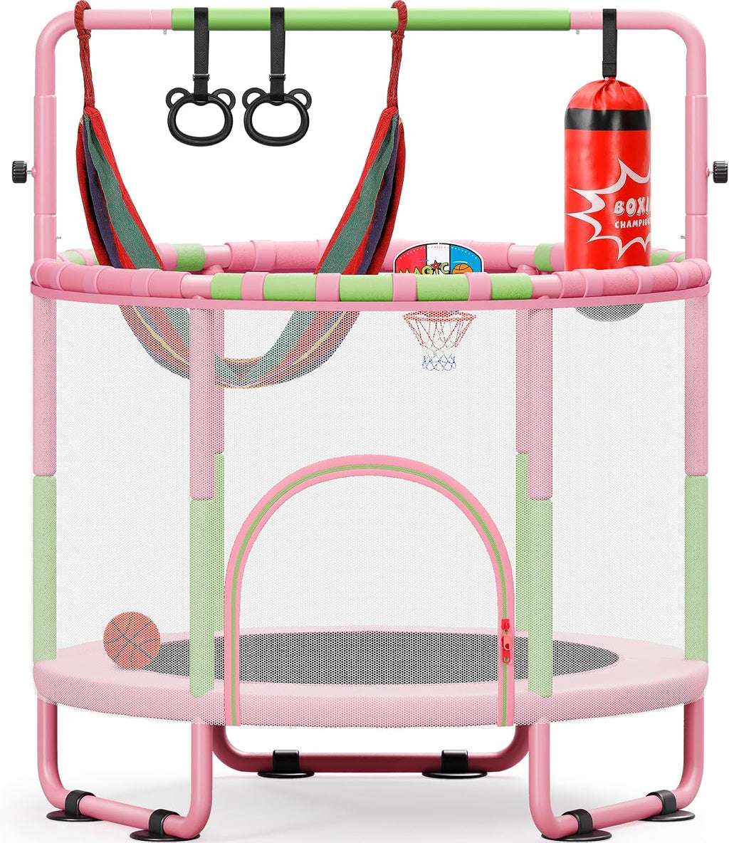 55" Trampoline for Kids with Enclosure, 6-in-1 Toddler Trampoline Indoor Outdoor, Upgrade Full Anti-Rust Tube with