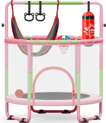 55" Trampoline for Kids with Enclosure, 6-in-1 Toddler Trampoline Indoor Outdoor, Upgrade Full Anti-Rust Tube with