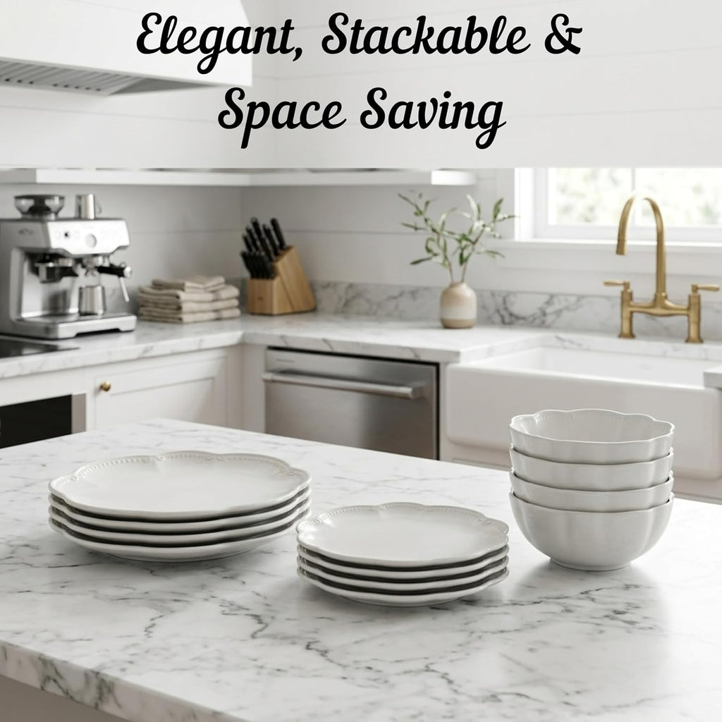 Bethany 12 Pieces Scalloped White Plates & Bowls Set