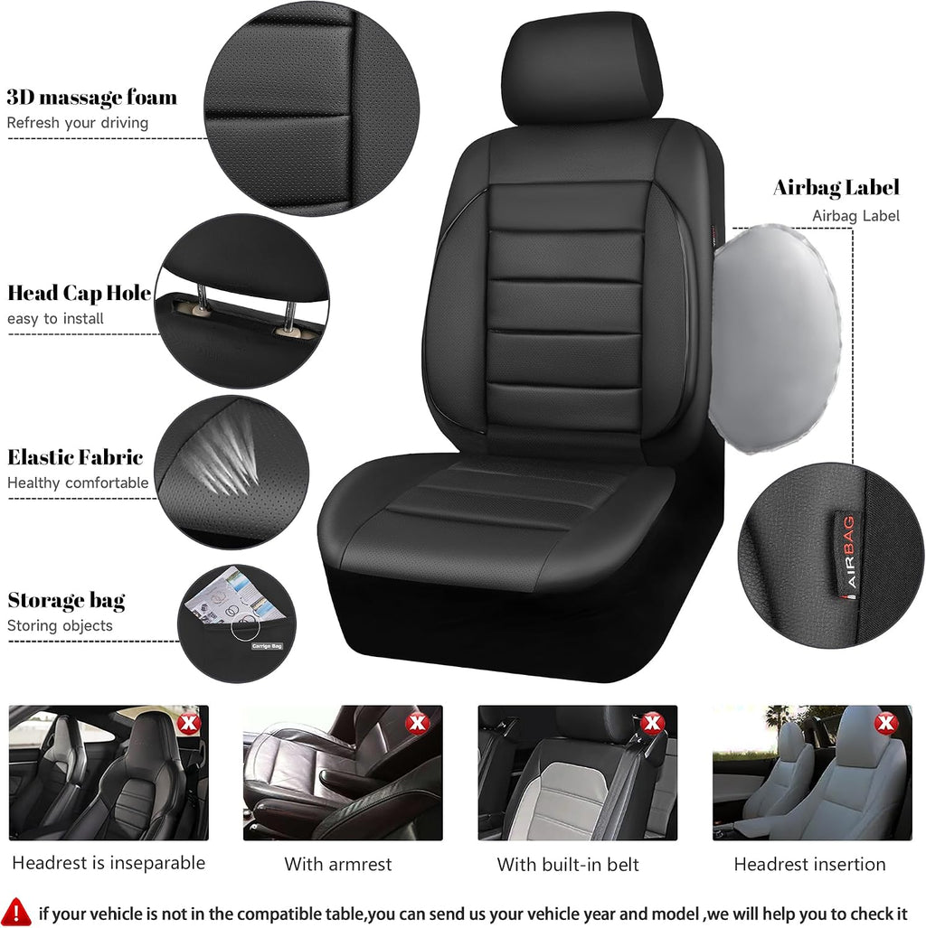Leather Seat Covers Full Set Universal Water Resistant 3D Foam Back Support, Luxury Comfort Automotive 5 Seat Covers