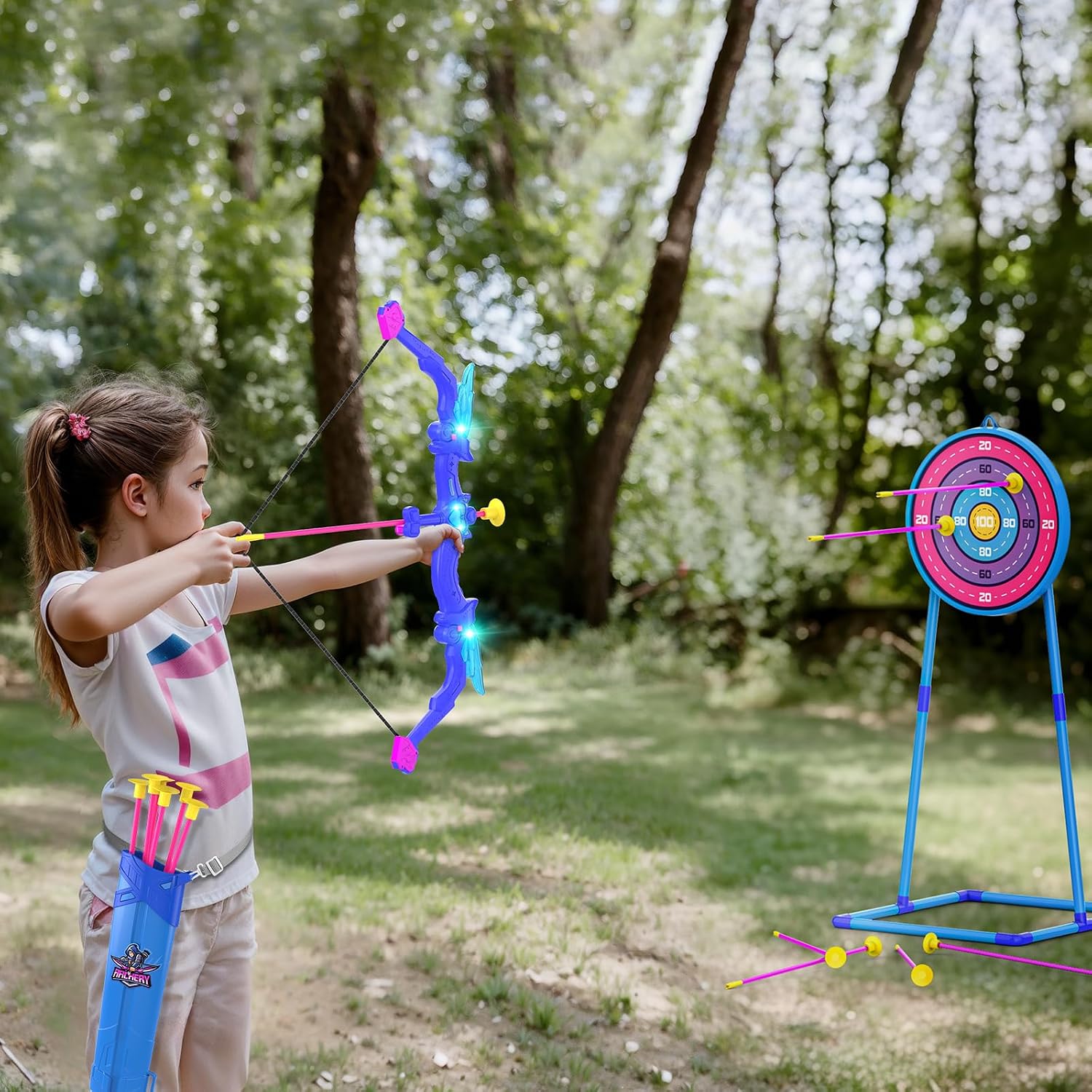 Kids Bow and Arrow Toy, Angel Light Up Archery Set W/ 10 Suction Cup Arrows, Targets & Quiver, Outdoor/Indoor Games