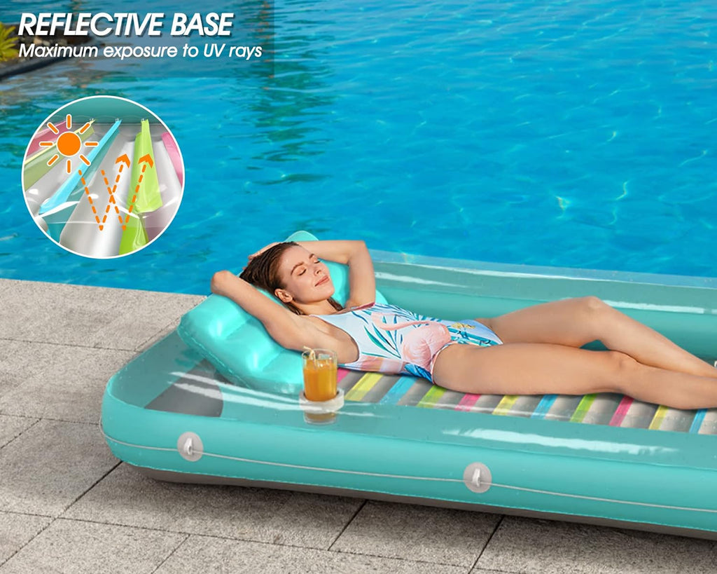 4 in 1 Inflatable Tanning Pool Lounger Float - Sunbathing Lounge Floatie Raft Toys, Water Filled Tanning Bed Mat Pad