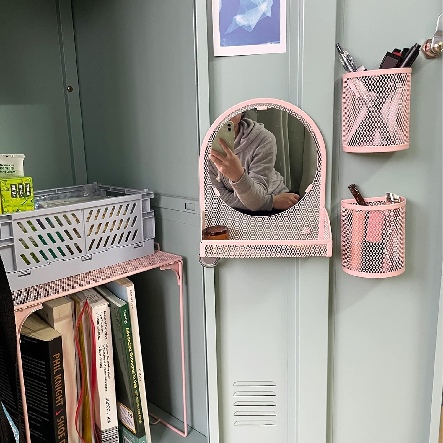 Locker Shelf with Locker Mirror Magnetic & 2 Magnetic Pen Cups, Locker Organizer for Work, Mesh Metal Locker