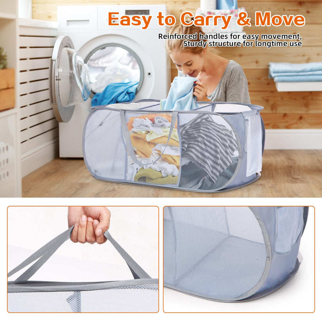 Durable Collapsible Foldable Pop Up Laundry Hamper, Sturdy 3 Compartments, Handy Pocket & Easy to Sort Clothes