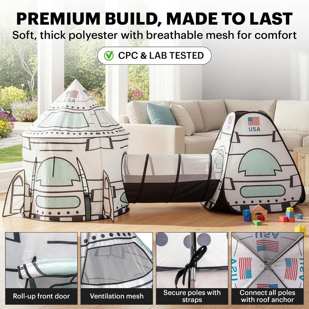 USA White Rocket Ship Play Tent with Tunnel, Pop Up Kids Playhouse Set, Indoor Outdoor Spaceship Tent for Boys Girls