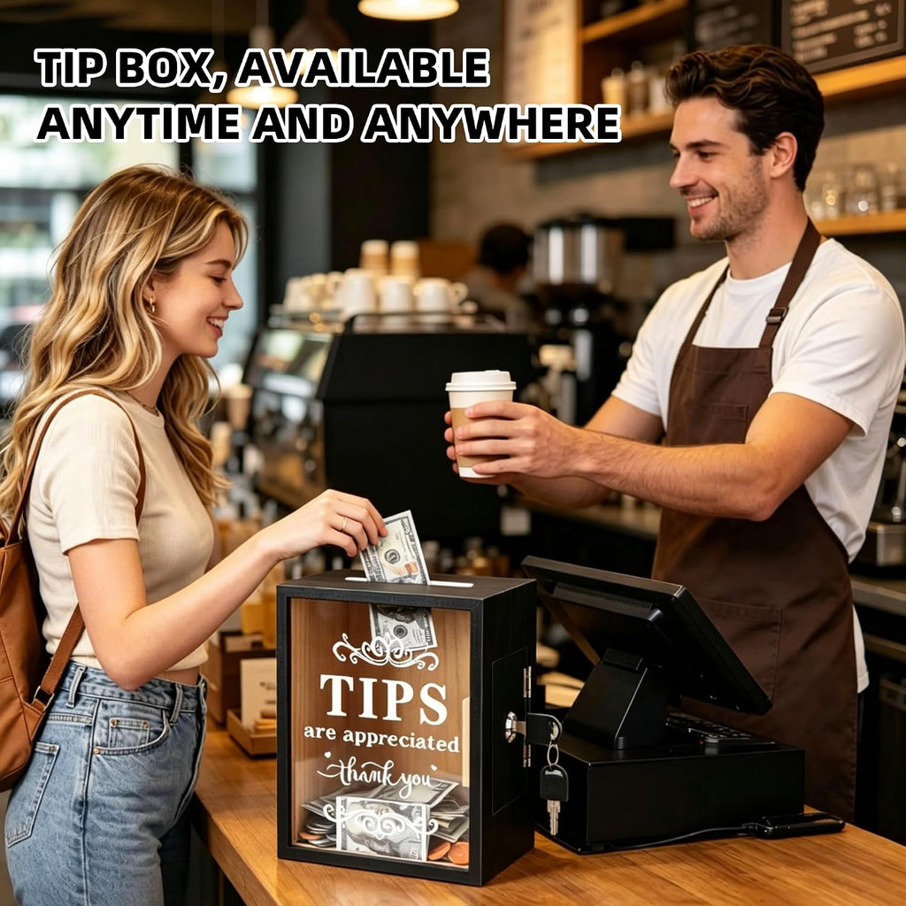 Wooden Tip Box with Lock & Slot - Secure Donation & Tips Jar for Business, Street Performers, Cafe, Hotel - Vendor