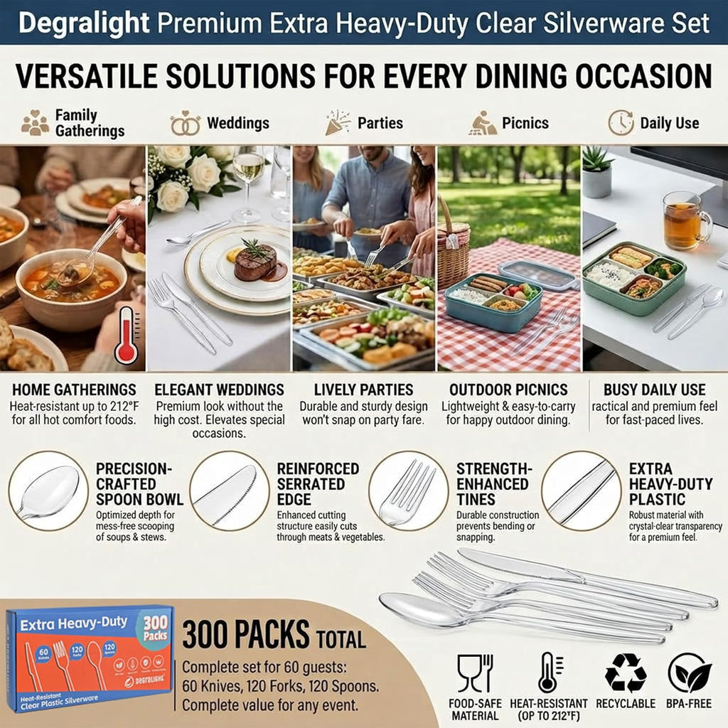 300 Count Extra Heavy Duty Plastic Silverware, Disposable Cutlery for Party