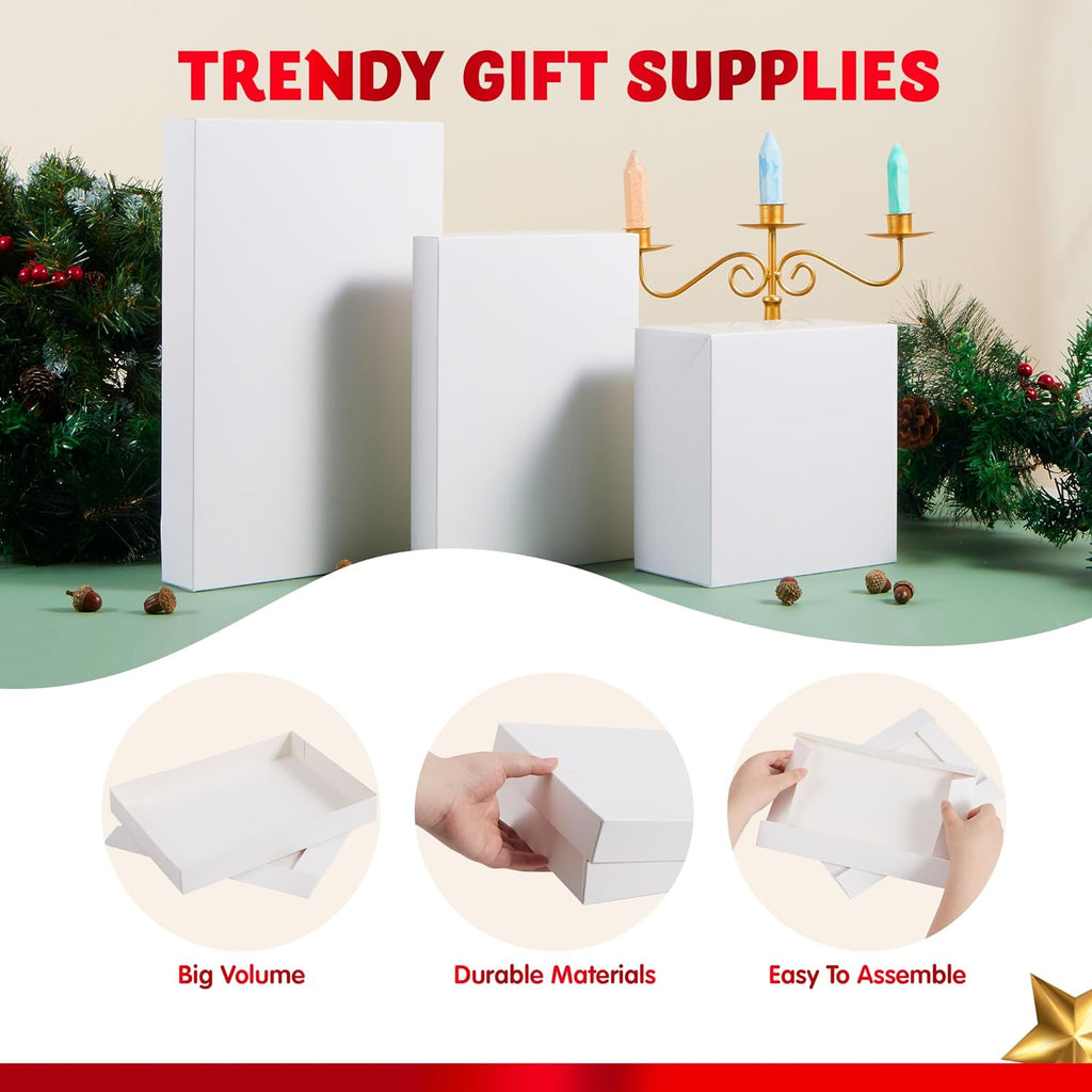 12PCS Christmas White Gift Boxes with Lids for Presents, 4" Deep Large Shirt Robe Wrapping Box, 4 Different Sizes