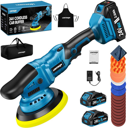 23PCS Cordless Buffer Polisher Kit with 2×2.0Ah Battery & Charger, 10000RPM 1600W High Power Car Polisher with 6