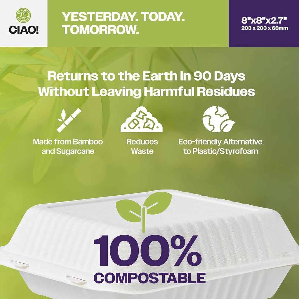 8"x8"x3" Clamshell 1 Compartment 100% Compostable Ecofriendly PFAS Free Unbleached Bagasse Natural White (200/case)