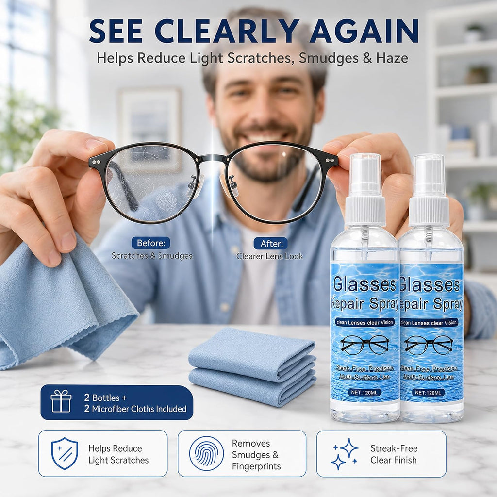 Eye Glasses Scratch Repair Spray, 2 Bottles Scratch Remover for Eyeglasses with 2 Microfiber Cloths, Eye Glass