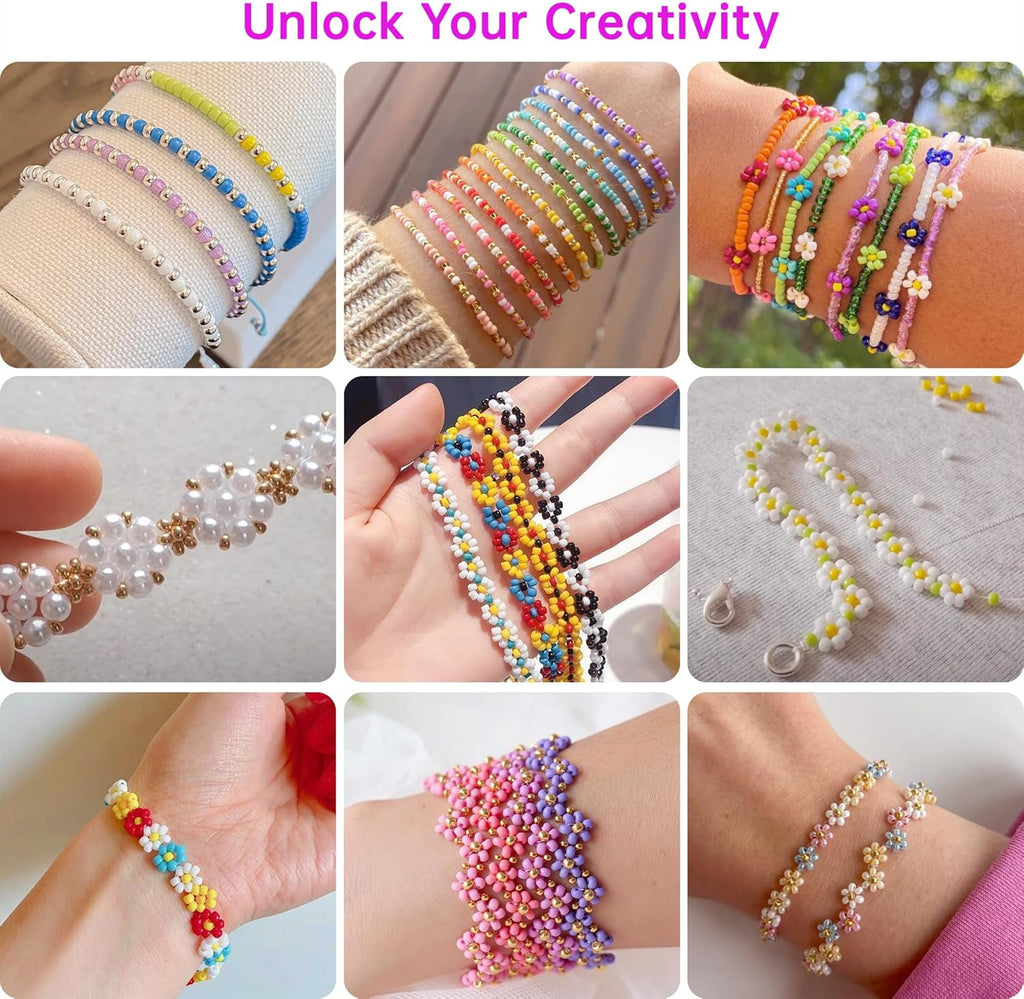 3mm 45000pcs Glass Seed Beads Kit, 7 Boxes 144 Colors Small Beads for Bracelets, Friendship Bracelet Kit with Charms