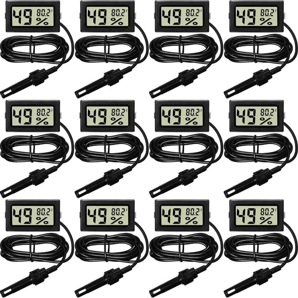 12 Pcs Digital Humidity Meter with Probe LCD Thermometer,Black