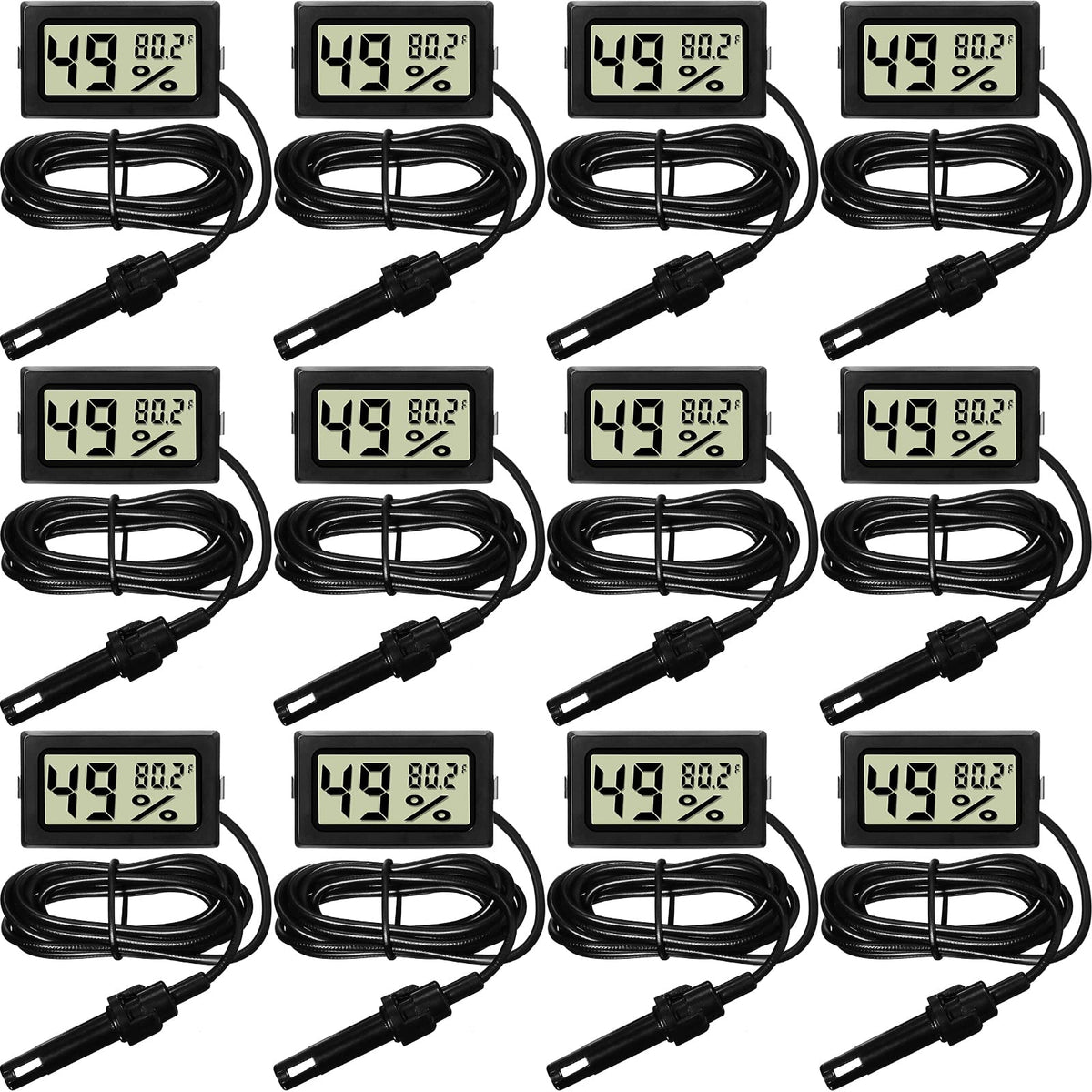 12 Pcs Digital Humidity Meter with Probe LCD Thermometer,Black