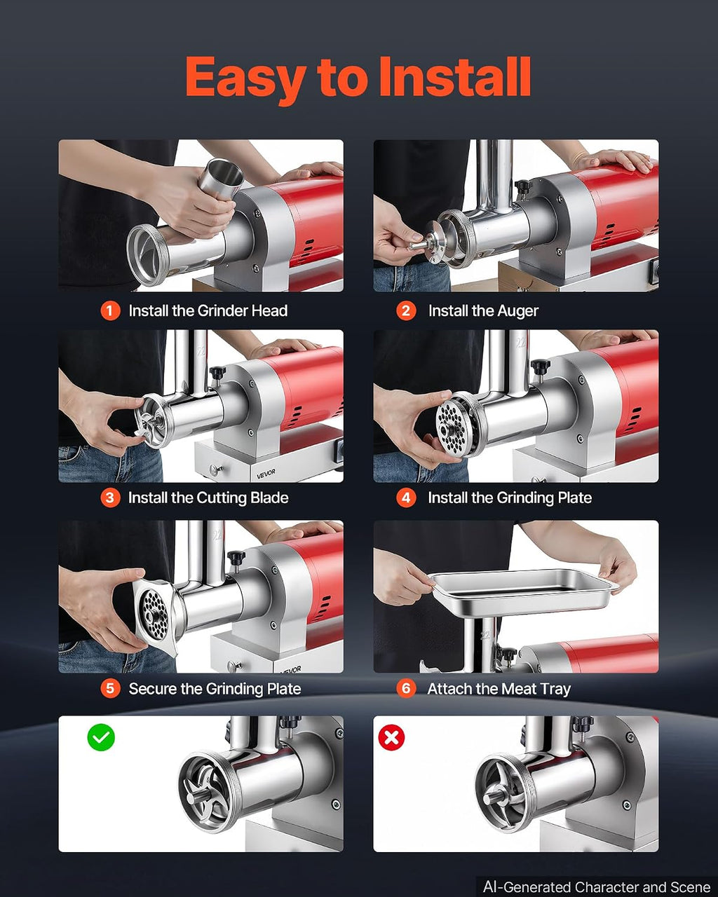 661 Lbs/Hour800 W Machine, 1.5 HP Electric Mincer with 2 Grinding Plates, Sausage Kit Set Meat Grinder Heavy Duty