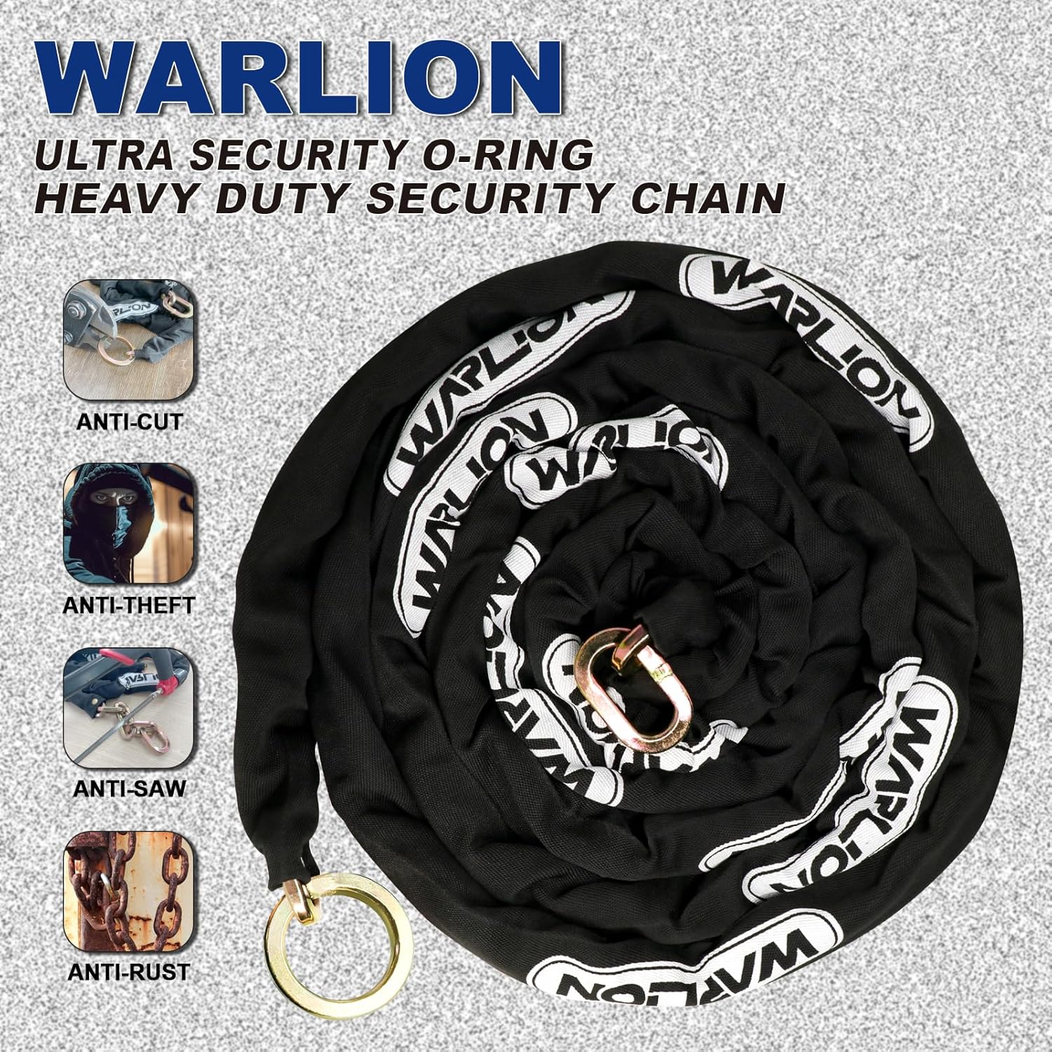 Heavy Duty Security Chain, 15ft x 3/8in (9mm) Thick, Anti-Theft & Cut-Proof Motorcycle Chain with Cinch Ring - Secure