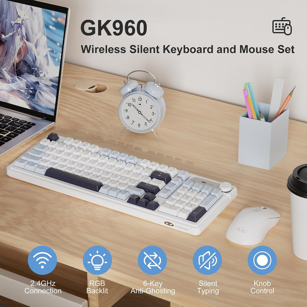 V990 Creamy Wireless Keyboard and Mouse Combo, 99 Keys RGB Backlit Rechargeable Quiet Gaming Keyboard, Adjustable