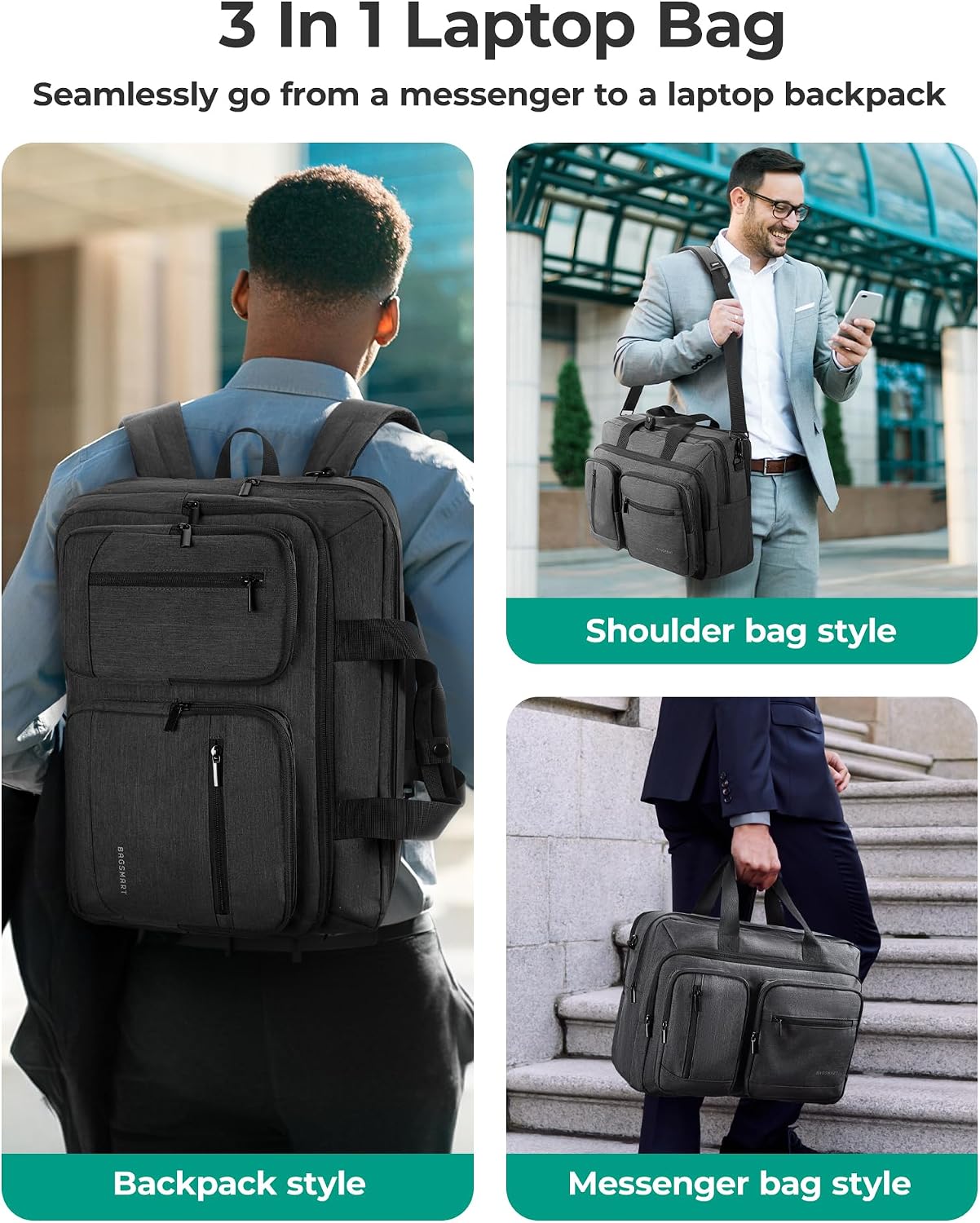 3 In 1 Laptop Bag for Men, Computer Briefcase 17.3 Inch Laptop Water-Repellent Shoulder Bag, Computer Bag Business