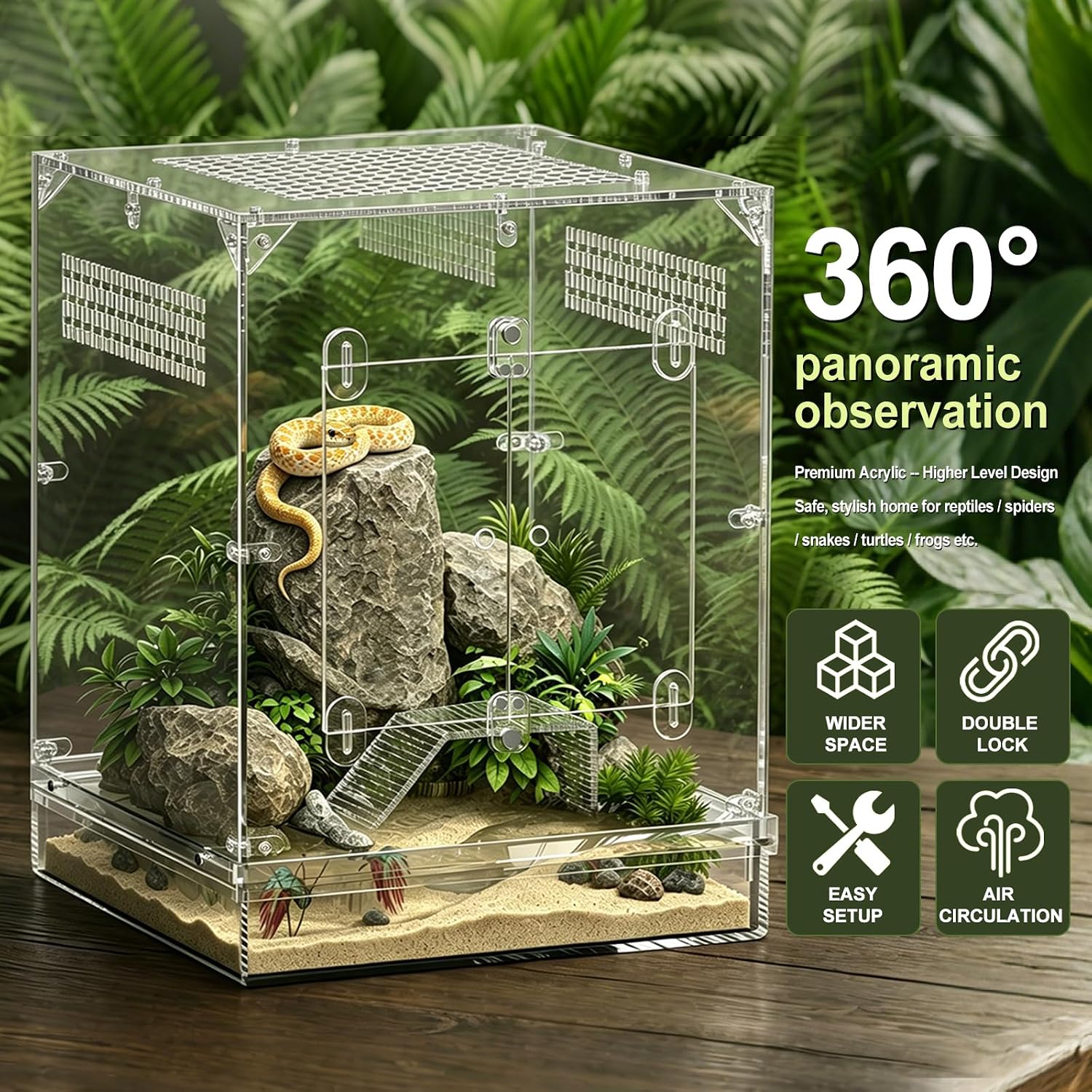 12x12x16 Acrylic Reptile Terrarium, Large Reptile Enclosure with Watertight Bottom, 10 Gallon Clear Reptile Tank with