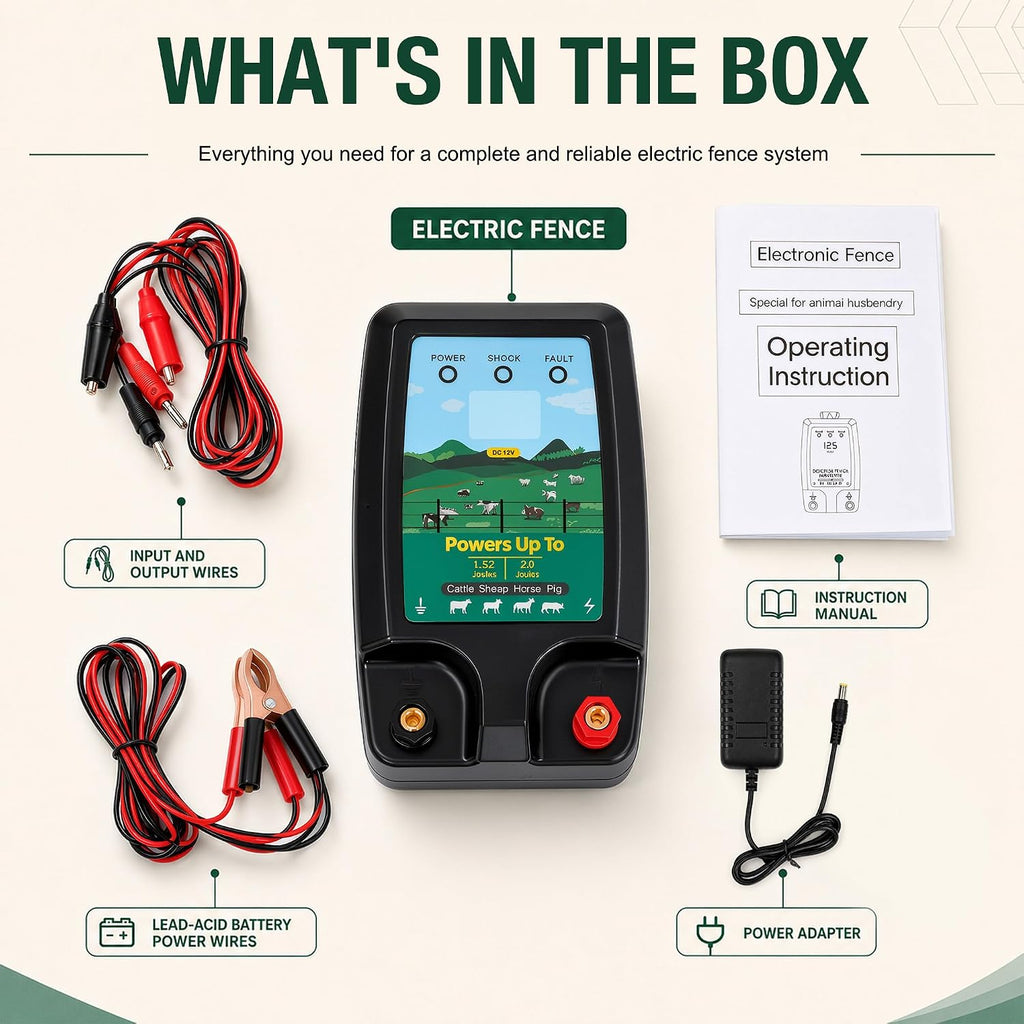 Electric Fence Charger 15 Miles, 12KV Pulse Charger AC/DC Solar Compatible, Heavy Duty Livestock 2J Fence Charger for
