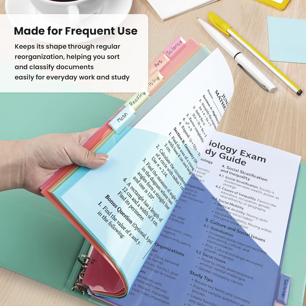 16 Count Dividers for 3 Ring Binder with Two Pockets, 8 Tabs Set | Plastic Binder Index Dividers, Perfect for Office