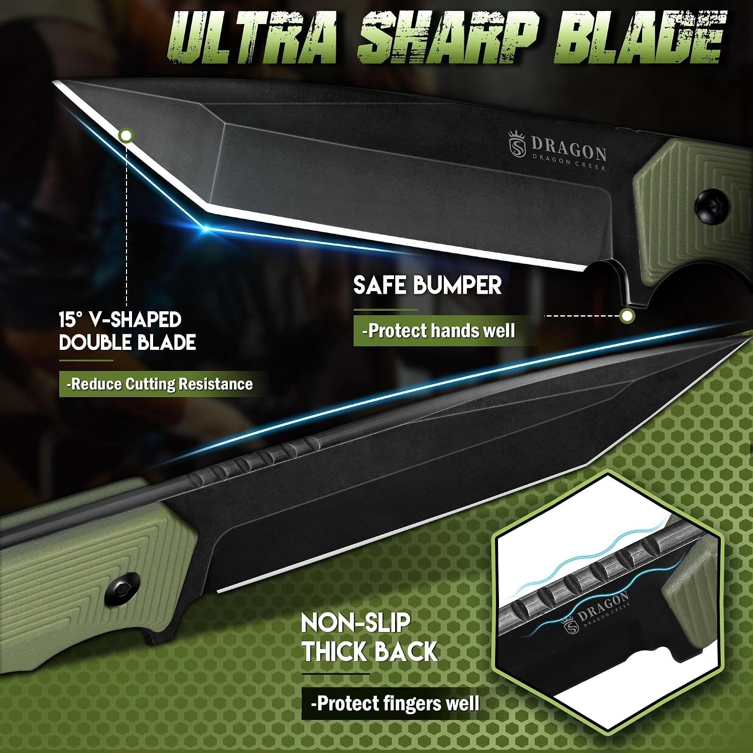 Fixed Blade Knife - Full Tang Handle Green | Portable Sheath with Belt buckle