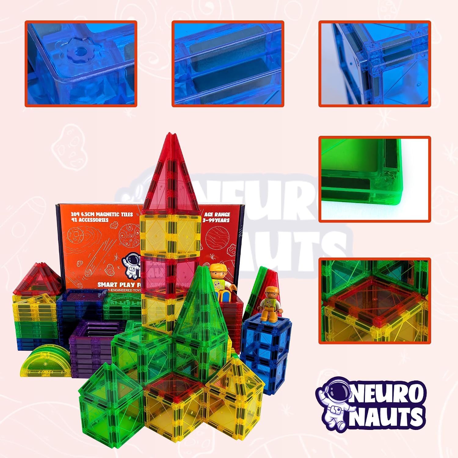 104 Magnetic Tiles Building Blocks Set for Kids + Bonus Connectors & Figurine | STEM Educational Magnetic Building