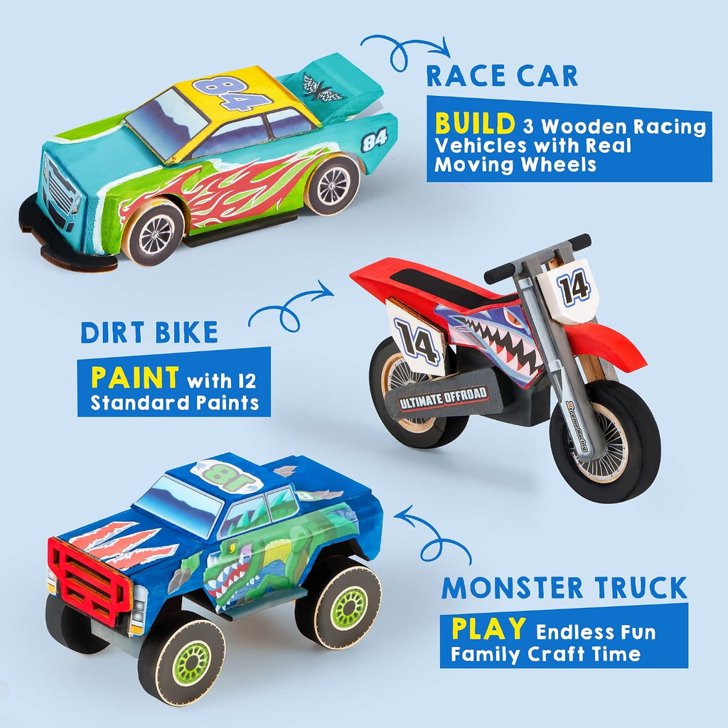 Kids Craft Kit Build & Paint Your Own Wooden Race Car Art & Craft Kit DIY Toy Make Your Own Car Truck Toy Construct