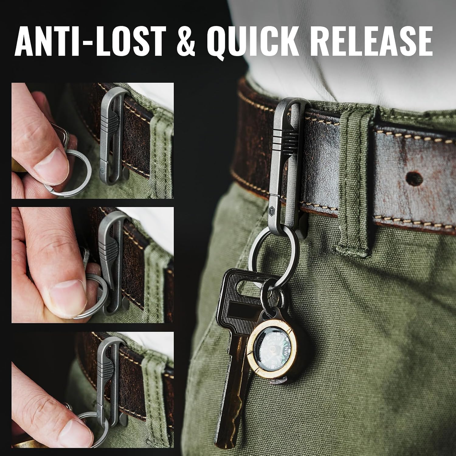 KM03 Titanium Keychain Clip Belt Loop Key Holder with Removable Key Ring for Duty Belt