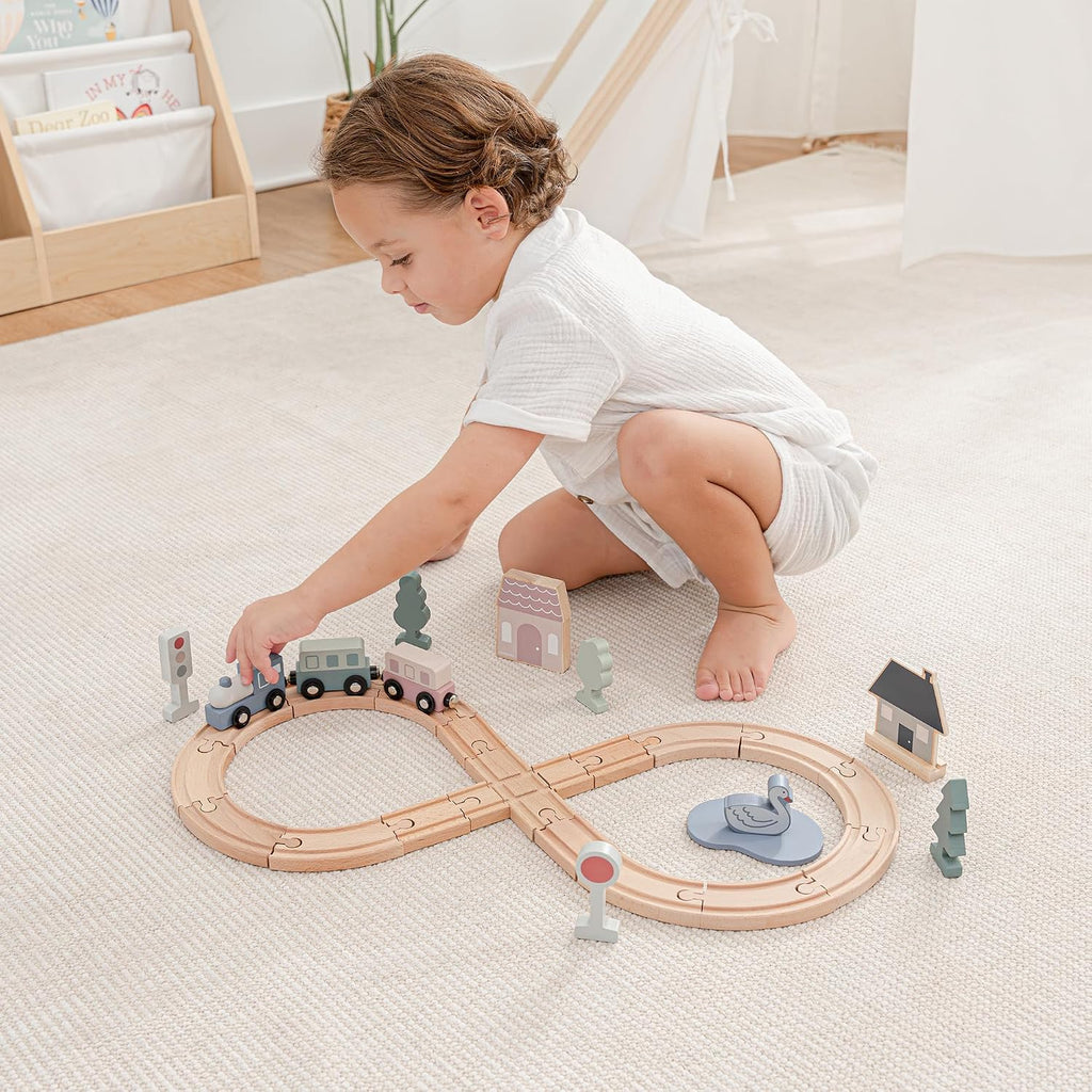 30-Piece Wooden Train Set for Toddlers Ages 1+, Fun & Eco Friendly Toddler Train Set with Wooden Toy Tracks