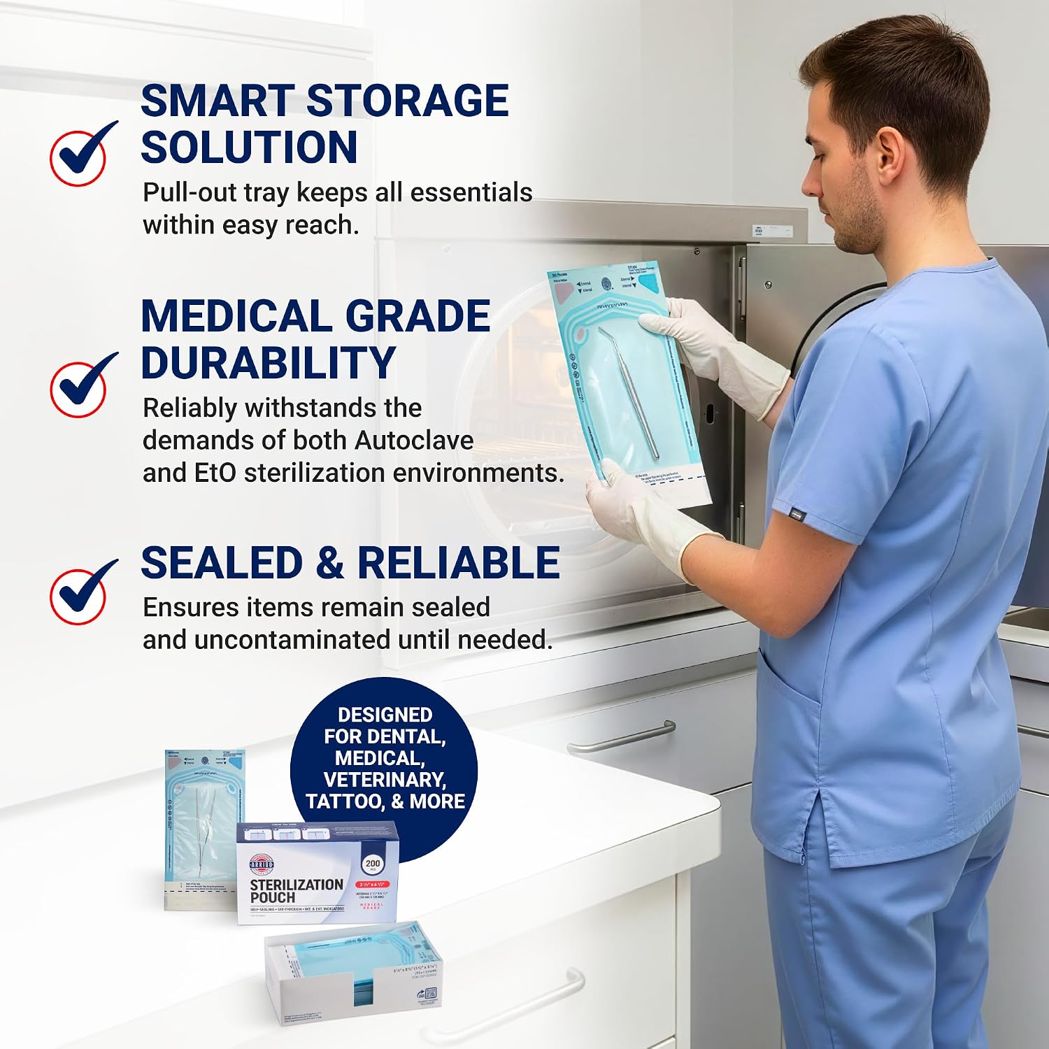 Arrigo Self-Sealing Sterilization Pouches 3.5" x 6.5" – 200 Count – Autoclave Bags with Internal & Dual (Int/Ext)