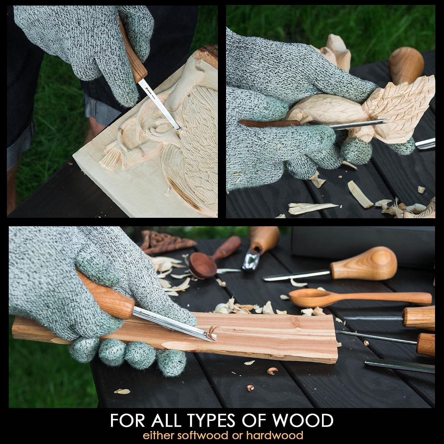 Wood Carving Gouges Kit SC05 - Wood Carving Chisels Set with Palm Gouge & Flat Straight Chisel, Rounded Short Bent