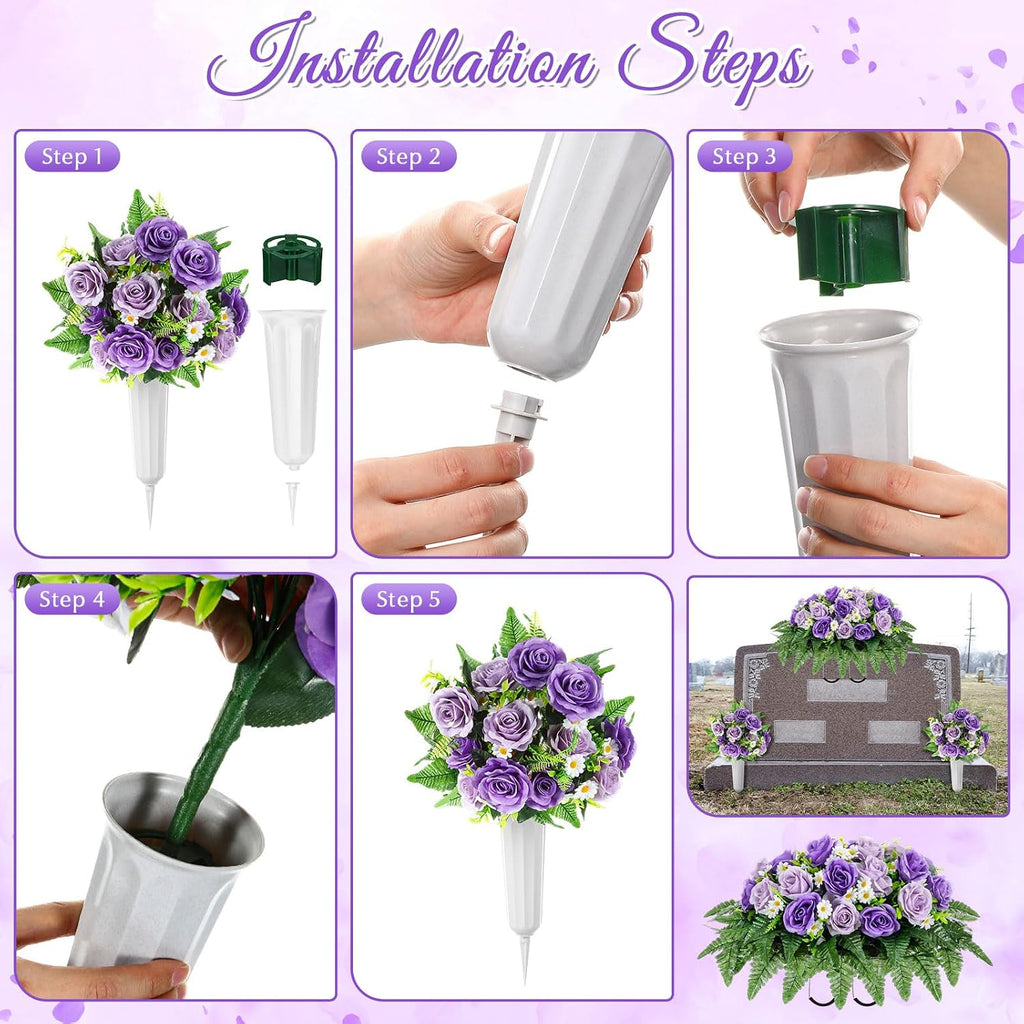 3 Pcs Father's Day Headstone Flower Saddle Cemetery Flowers for Grave Purple Rose Daisy Artificial Memorial Floral