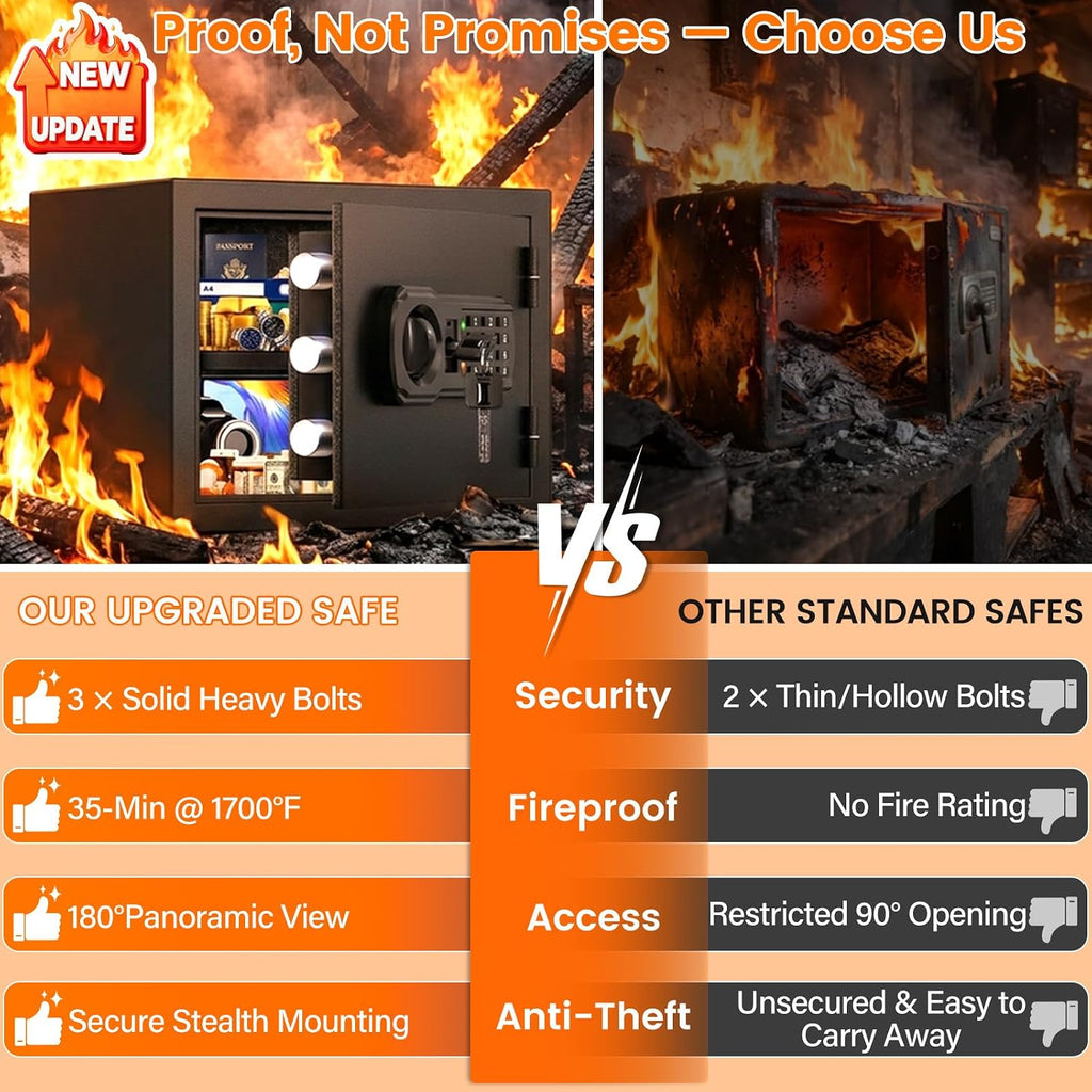 Small Fireproof Safe Box | 1800℉ 35-Min Real Test Fire Safe | 1.2 Cuft Safe | 22Lbs Heavy Fire Money Safe | 3 Quick