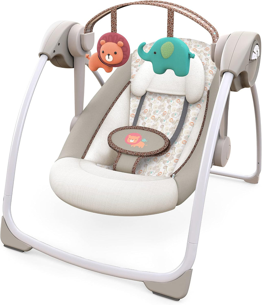Soothe 'n Delight Compact Portable 6-Speed Plush Baby Swing with Music, Folds Easy, 0-9 Months 6-20 lbs (Cozy Kingdom)