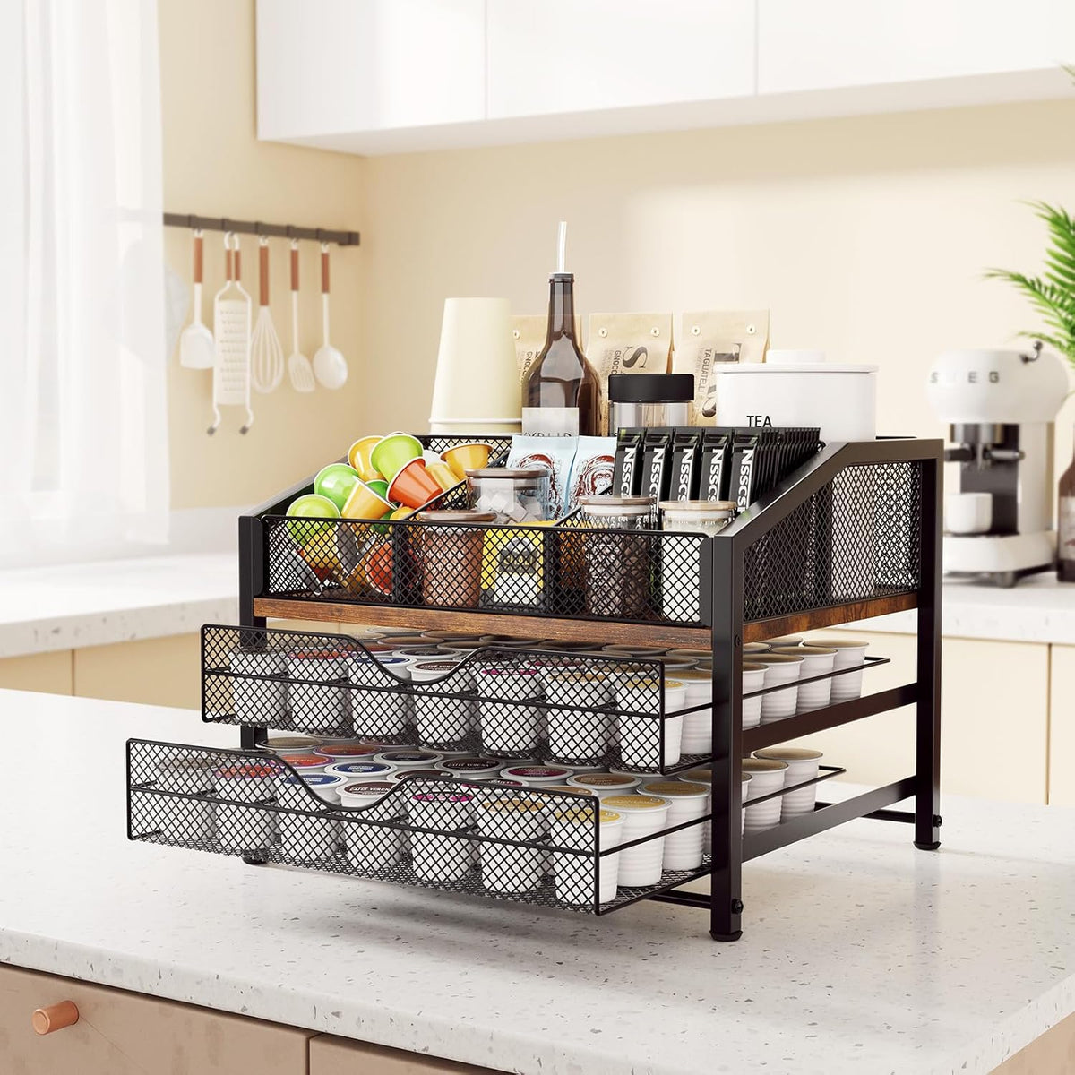 Coffee Bar Organizer, Metal & Wood Coffee Station Holds 84 K Cup