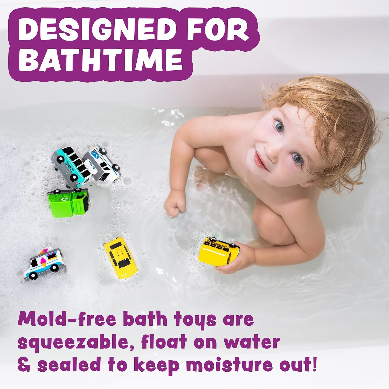 Vehicles Bath Cars Mold Free Bath Toys, 6 Pack | Sealed, No Hole Bath Toys Design Keeps Moisture Out | Soft