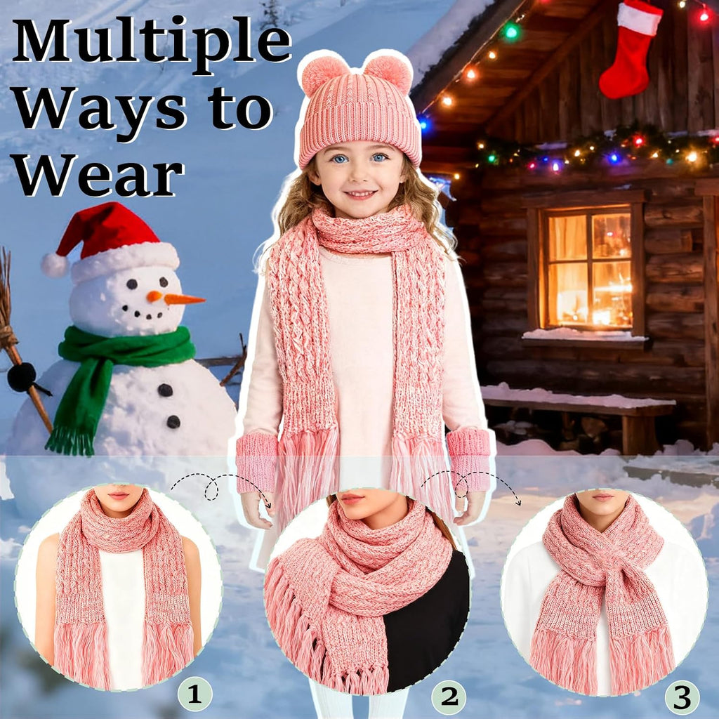 Kids Beanie Scarf Gloves Set, Boys Girls Toddler Winter Warm Fleece Lined Hat with Pom Pom Knit Scarf Mittens 3 in 1