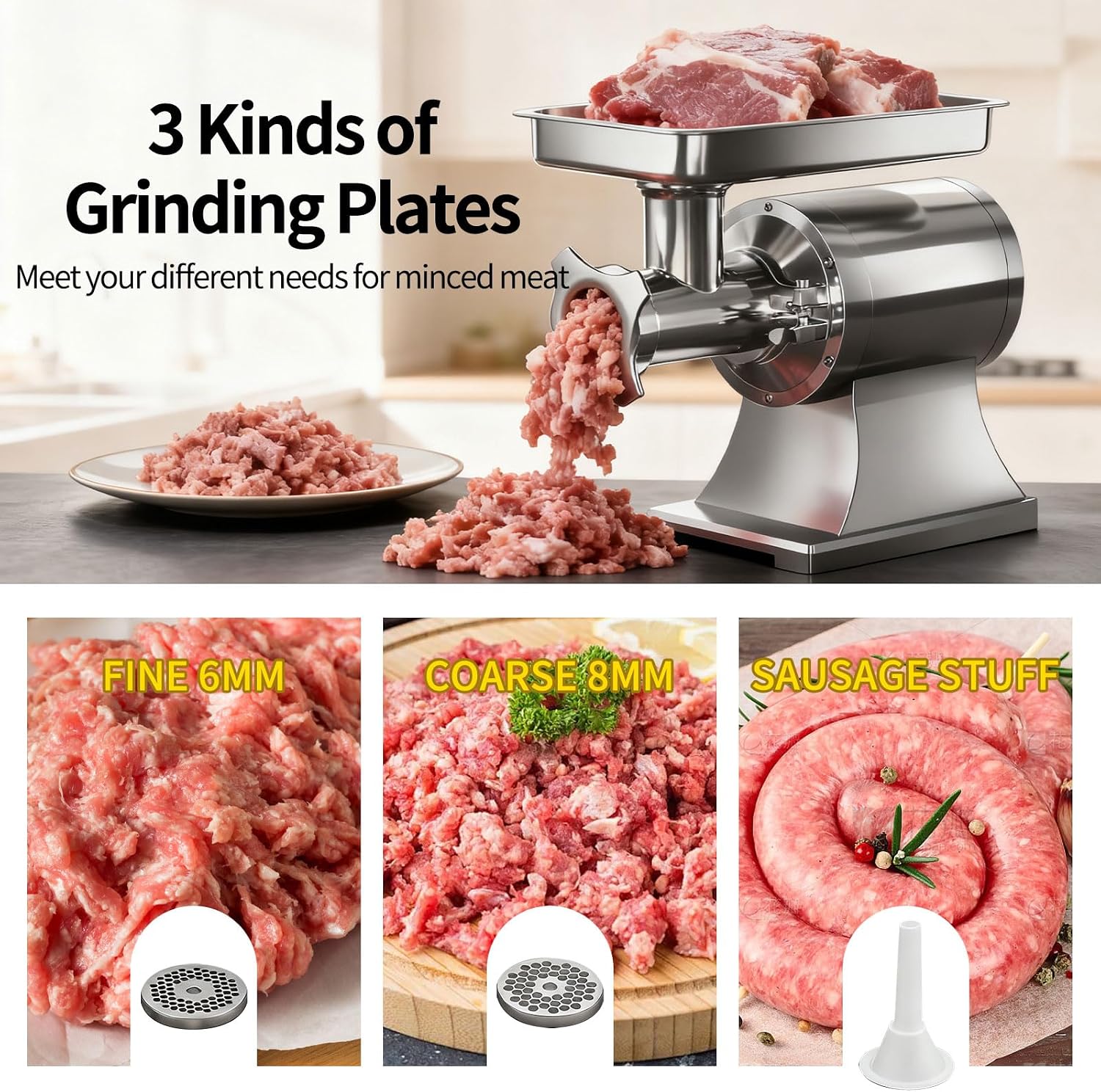 Heavy Duty Commercial Meat Grinder Machine 1.5 HP, 1100W, 330LB/h Stainless Steel Electric Meat Mincer with 2 Blades