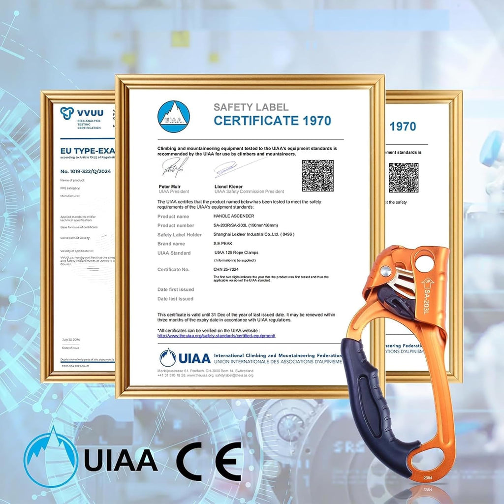 UIAA & CE Certified Climbing Rappelling Equip Hand Ascender Left Right Hand for 8-13mm Rope 4kN