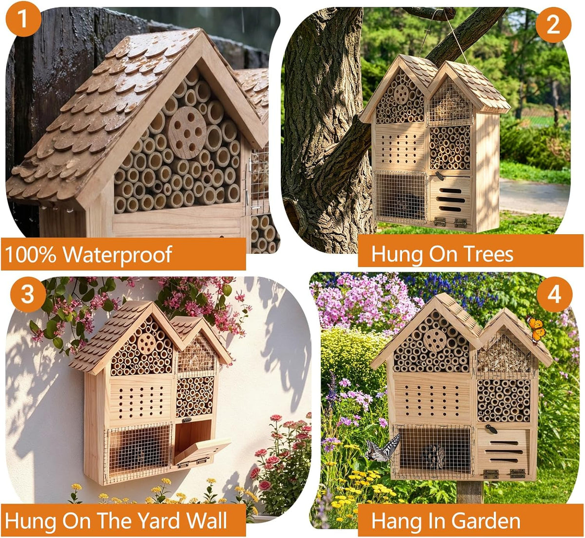 Large Wooden Insect Hotel for Outdoors - Waterproof Bee House & Butterfly Habitat with Bamboo Tubes and Pine