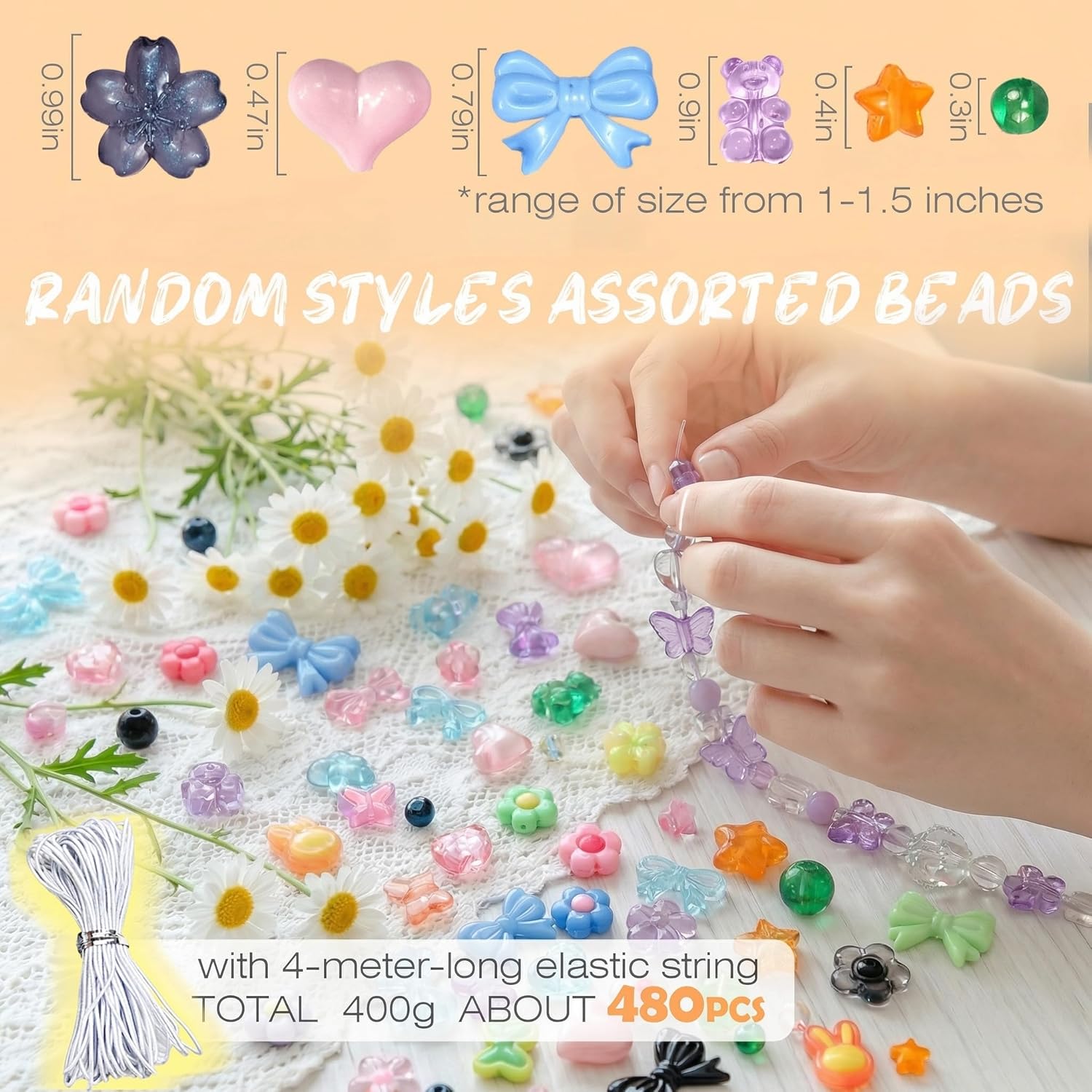 480PCS Acrylic Beads for Bracelet Making Kit with String, 6 Colors Assorted Cute Beads Bracelet Charms for Jewelry