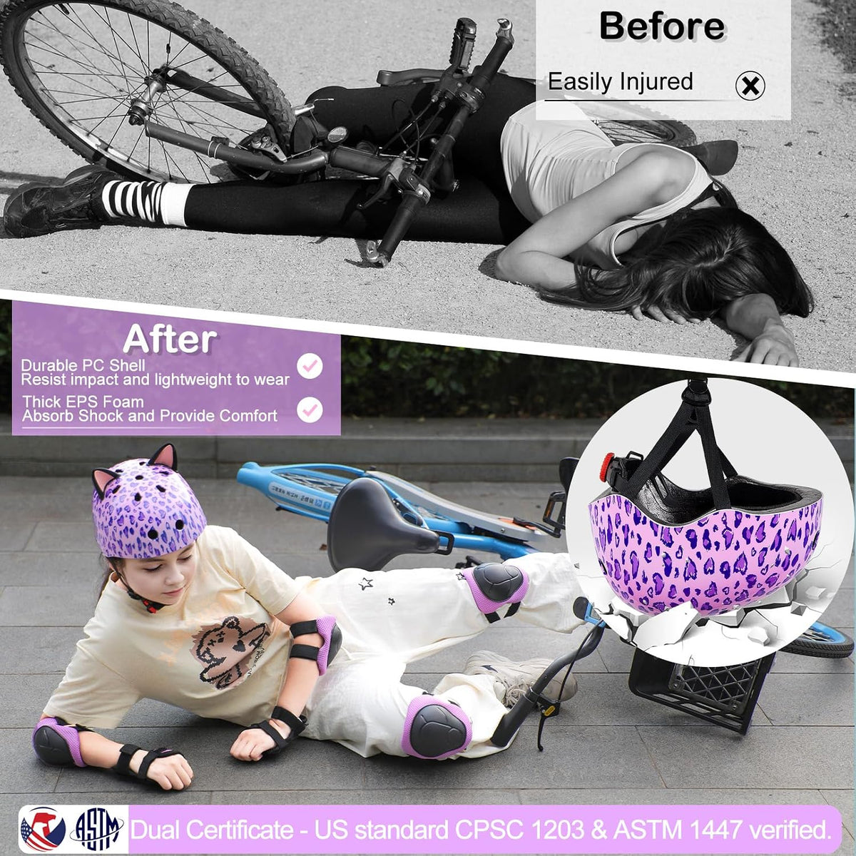 Kids Bike Helmet and Knee Elbow Pads Wrist Guards Set with DIY Cat Ears | Toddler Bike Helmets for Girls 3-14